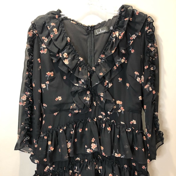 Lulus Dresses & Skirts - Lulus Black Floral Chenille Ruffle Long sleeve Dress